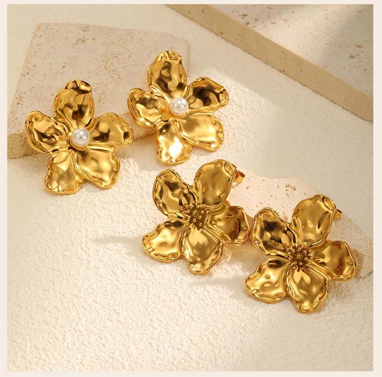 Flower Earrings Studs for Women Nickel Free, Chunky Stainless Steel Personality Big Pearl Floral Stud Earring Christmas Gift