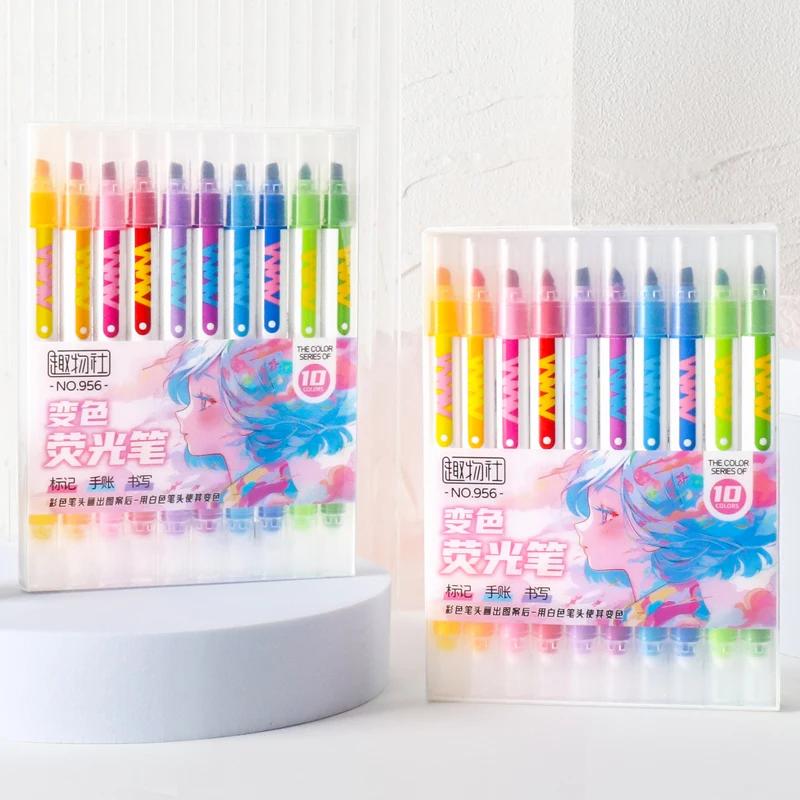 10pcs Double-ended Magic Color Changing Highlighter Pen Set Student Diary Scrapbook Painting DIY Making, Office Cute Stationery