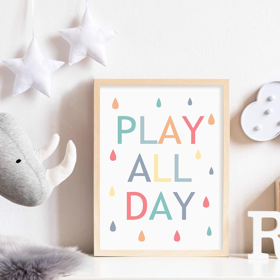 Colourful Rainbow Raindrop Play All Day Posters Prints Canvas Painting Nursery Wall Art Pictures Girls Room Home Decor