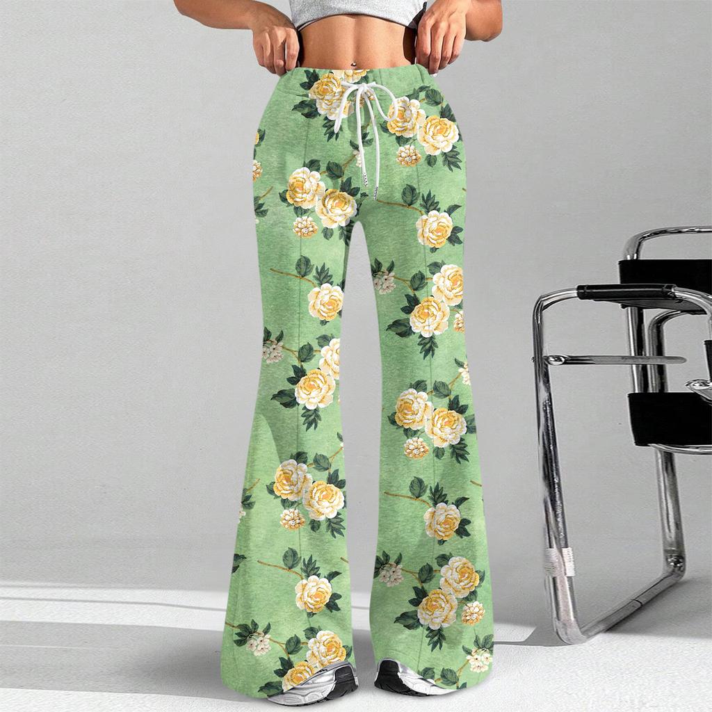 Damenmode Lockerer Kordelzug in der Taille Geblümter Druck Lässige Sporthose Lässige Schlaghose