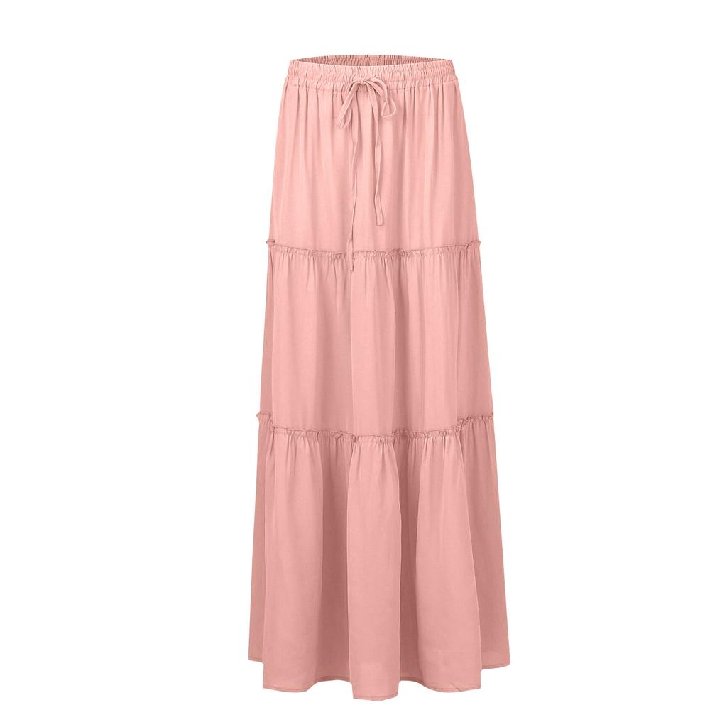 Women's Fashion Color Elastic Waist Skirt Loose Casual High Waist Tie Long Skirt