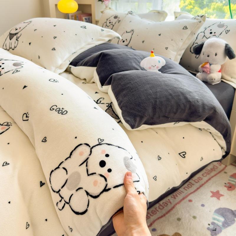 Thickened Milk Fleece Four-Piece Set Double-Sided Fleece Quilt Cover Coral Flannel Bed Sheet Quilt Cover Three-Piece Set Of Bed Hat