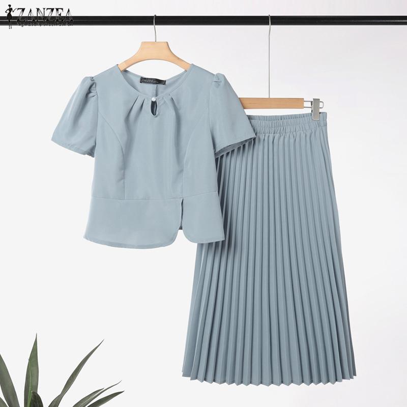 ZANZEA Women Short Sleeve Blouse and Skirts Summer Two Piece Suit Sets