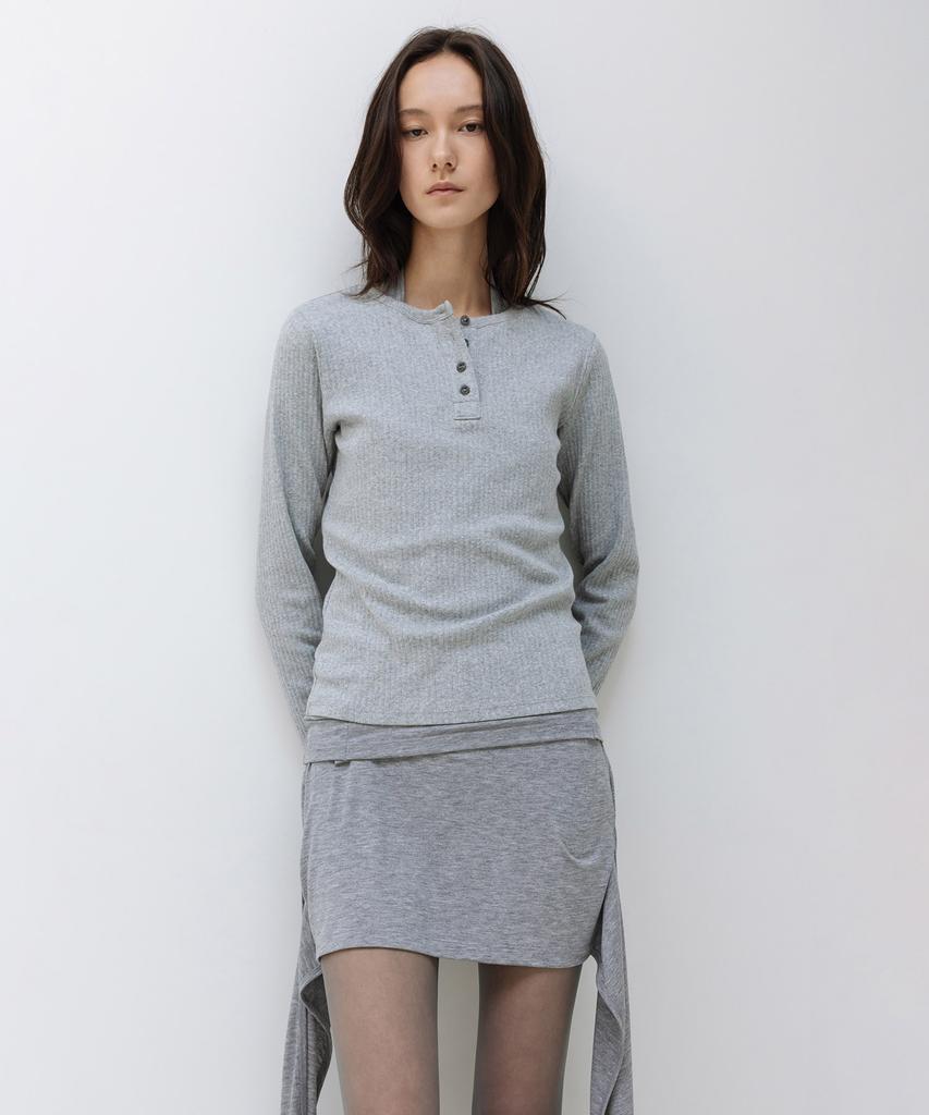 INSILENCE WOMEN W Rib Henley Neck Long Sleeve Melange Grey