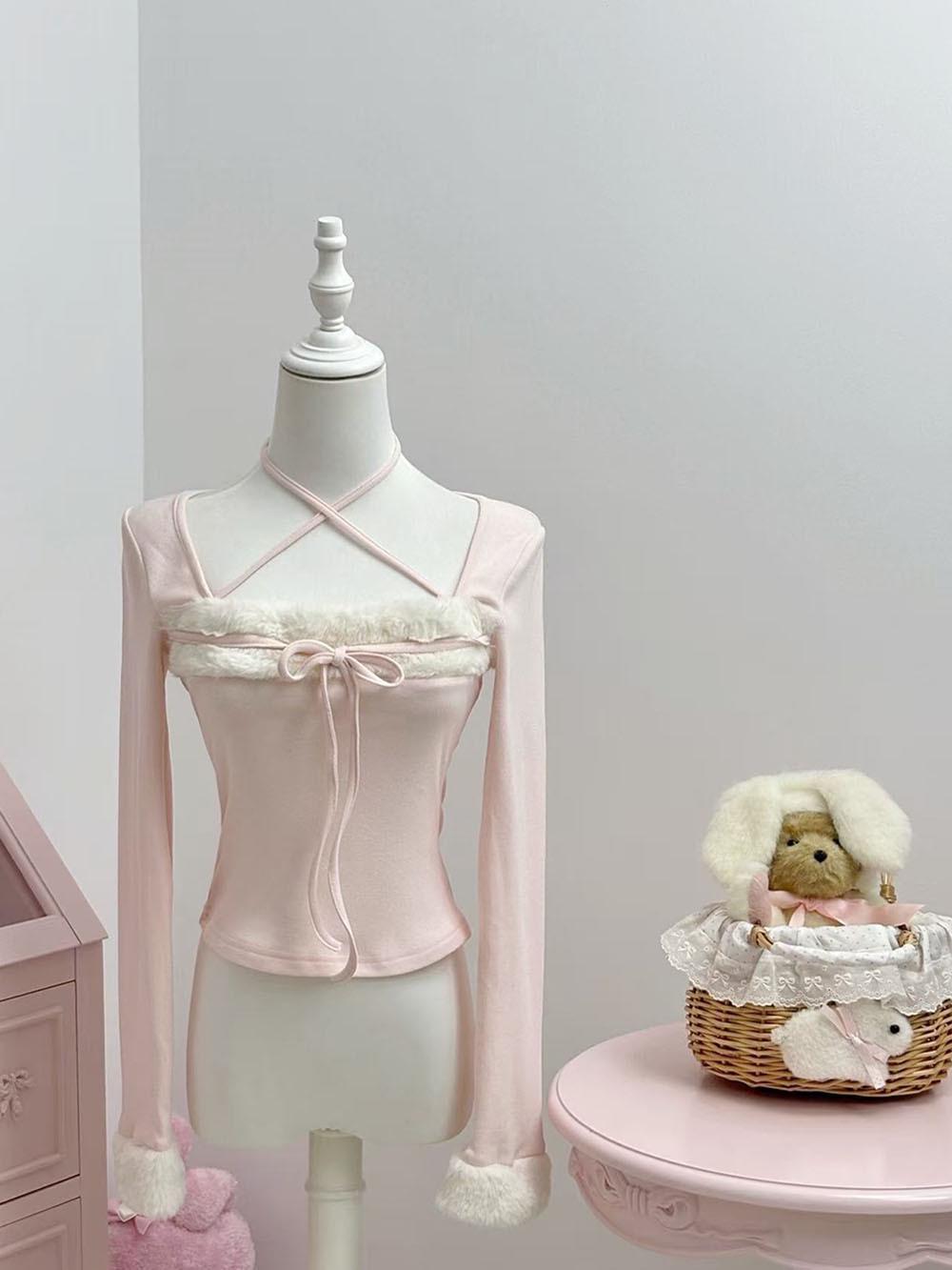 Women s Pink Off-Shoulder Fluffy Collar Long Sleeve Top Small