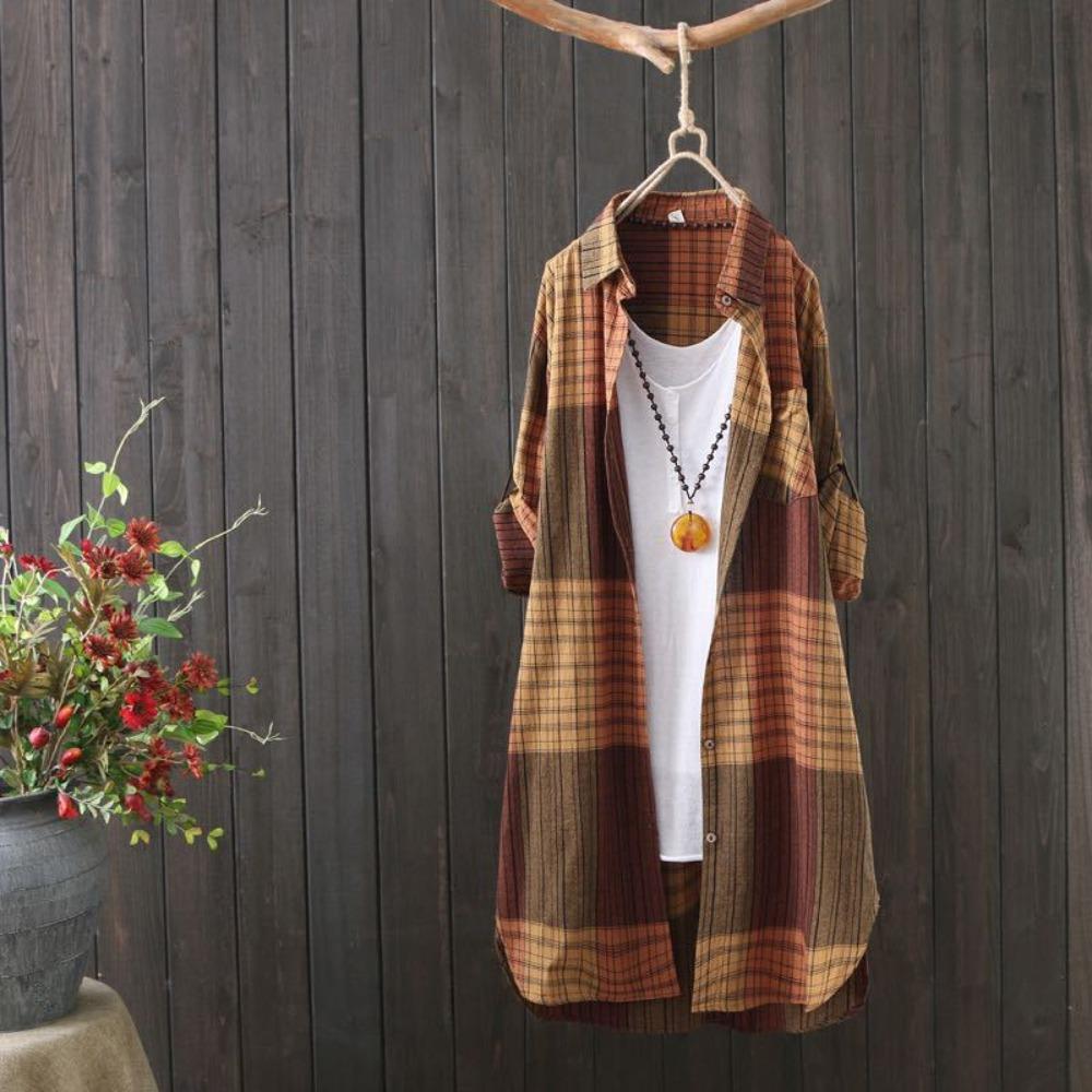 Women's Point Collar Long Sleeve Plaid Oversized Casual Blouse Linen Cotton Tunic Shirt Vintage Single Breasted Spring Thin Outerwear Cardigan