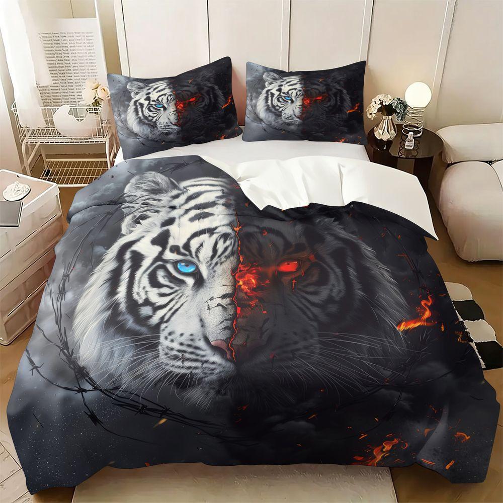 Fire Ice Tiger Print Duvet Cover Set (1 Duvet Cover & 1/2 Pillowcase) Cool Animal Bedding Set For Teens Bedroom Decor