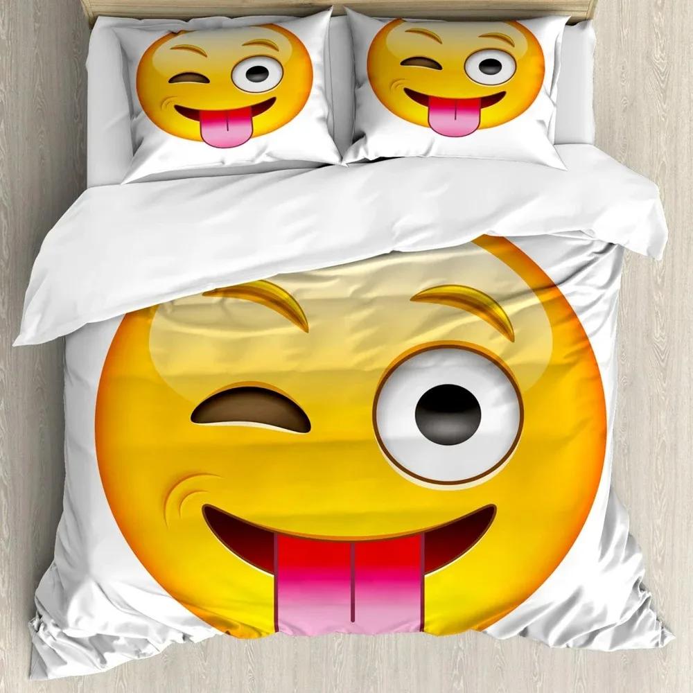 Humor Bettbezug-Set, Viele Emoticons Verschiedene Ausdrücke Alien Erbrechen Verprügelt Verliebt Vampir, Bettwäscheset King Size, Gelb