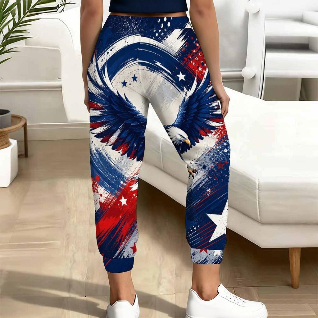 Women Plus Size American Eagle Flag Printed Jogger Pants Drawstring Waist Side Pockets Cuffed Ankle