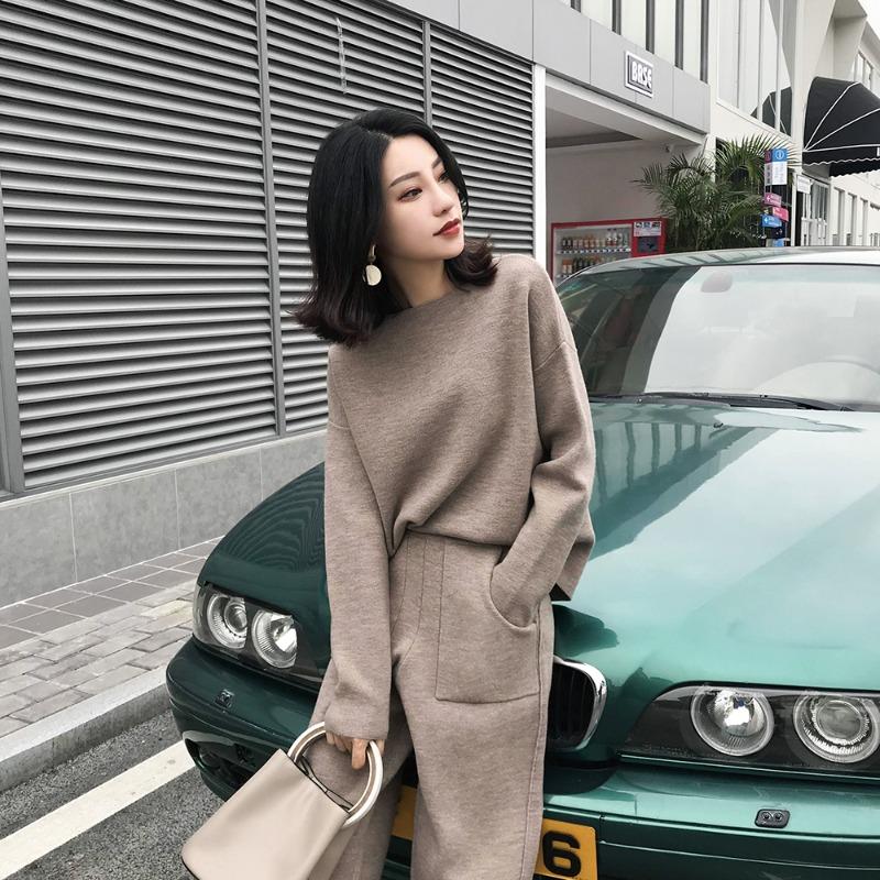 Knitted 2 Pieces Tracksuit Women Spring Autumn Winter O-neck Loose Sweater+Ankle-Length Pants Set with Pocket