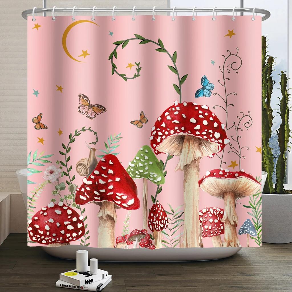 Mushroom Shower Curtain Flower Green Leaf Plant Forest Butterfly Botanical Floral Squirrel Aesthetic Waterproof Bathroom Curtain