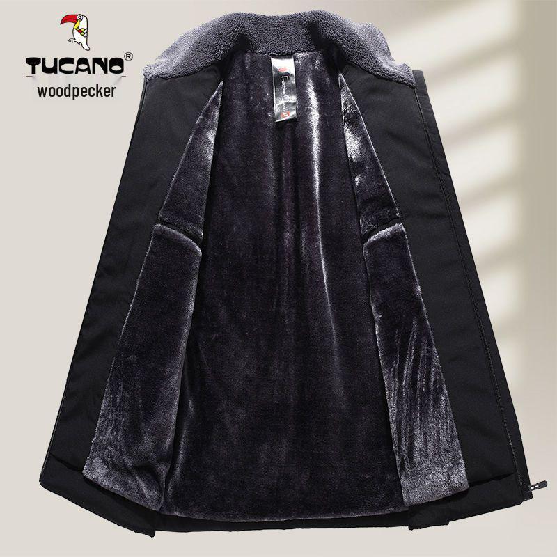 Woodpecker Dad Winter Coat: Fleece-Lined, Thick Cotton Jacket for Middle-aged & Elderly Men