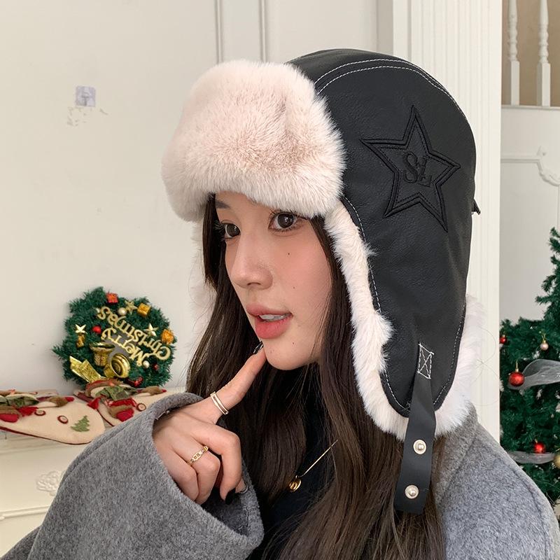 Lei Feng Hat for Women In Winter Warm PU Leather Plush Hat Northeast Outdoor Cold Proof Flying Hat Ear Protection Head Hat Men