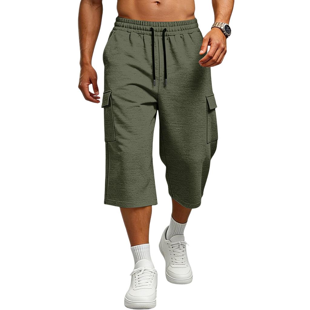 Men Loose Fit Knee Length Cargo Shorts with Elastic Waistband Drawstring and Large Side Pockets for Daily Wear