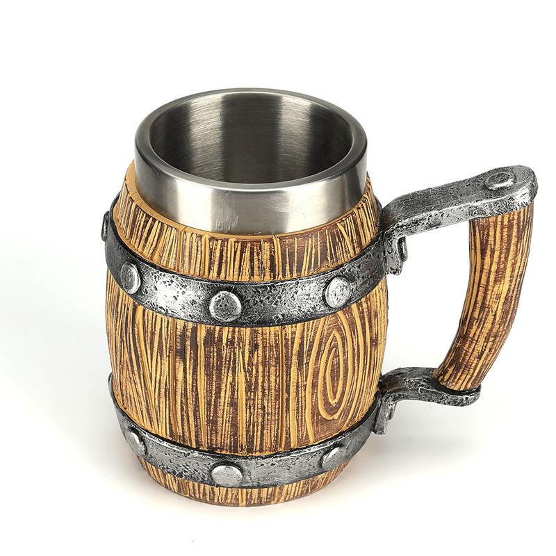 Wood Style Beer Mug 3D Resin Multifunctional Stainless Steel Coffee Cup Wine Glass Metal Double Wall Mug Beer Jug Cup Thermal