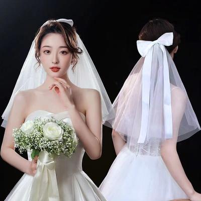 Velo de Novia de Boda Doble Capa Corto Velos Transparentes con Lindo Lazo Accesorios para el Cabello para Novia Borde Cortado Envío Directo