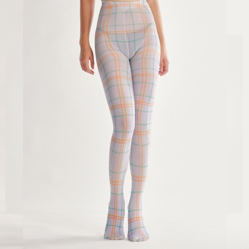 Women Sexy Tights Socks Translucent High Waist Pantyhose Plaids Print Silk Stockings Colourful Plaids Printing Stockings