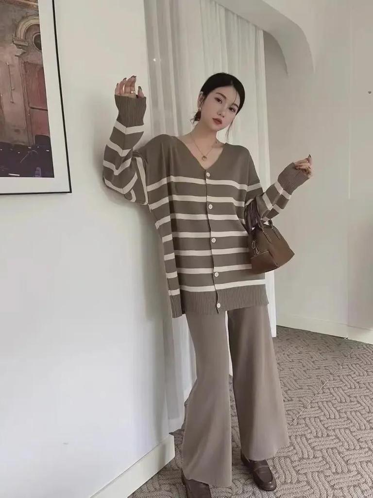 2024 Autumn/Winter Striped Low-Neck Single-Breasted Long-Sleeve Knitted Sweater & High-Waist Wide-Leg Pants Set