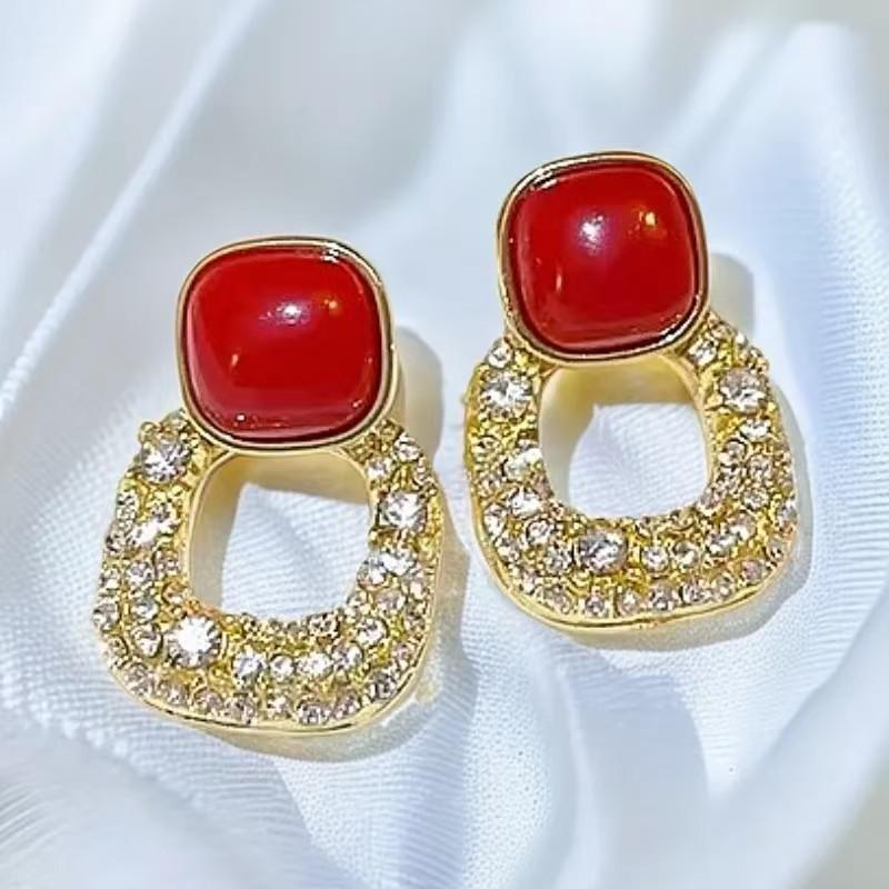 Geometric Red Ankola 925 Silver Earrings for Women - Festive Autumn/Winter Temperament