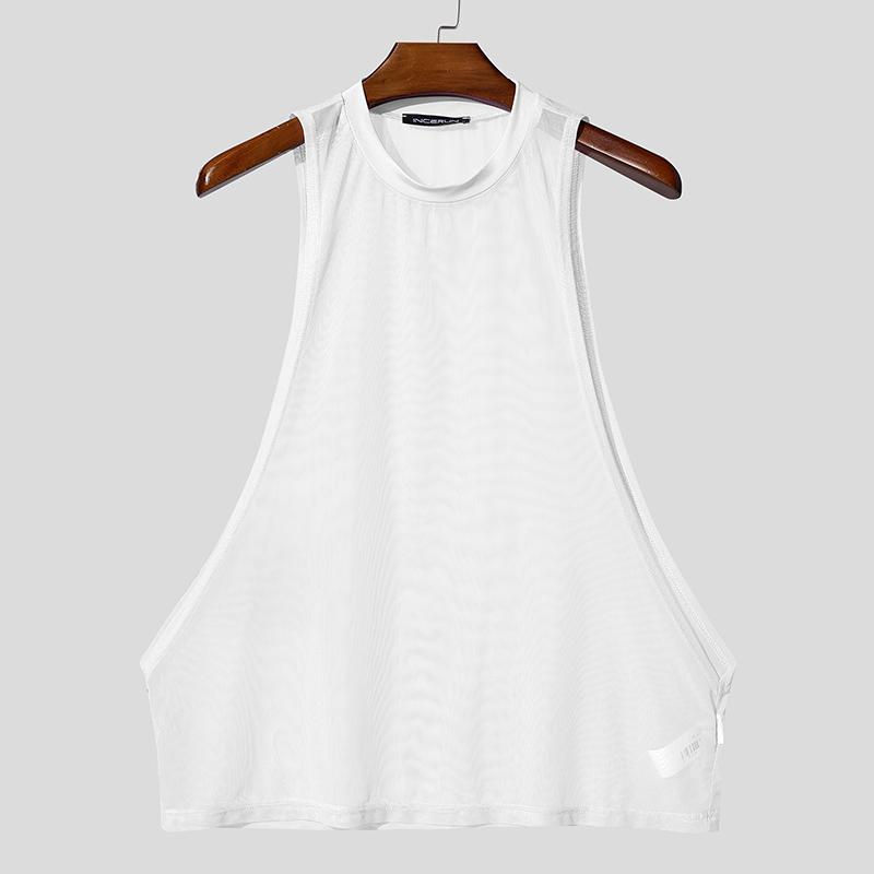 INCERUN Men Summer Sleeveless Big Cuff Mesh Sheer See Through Loose Beach Tank Tops