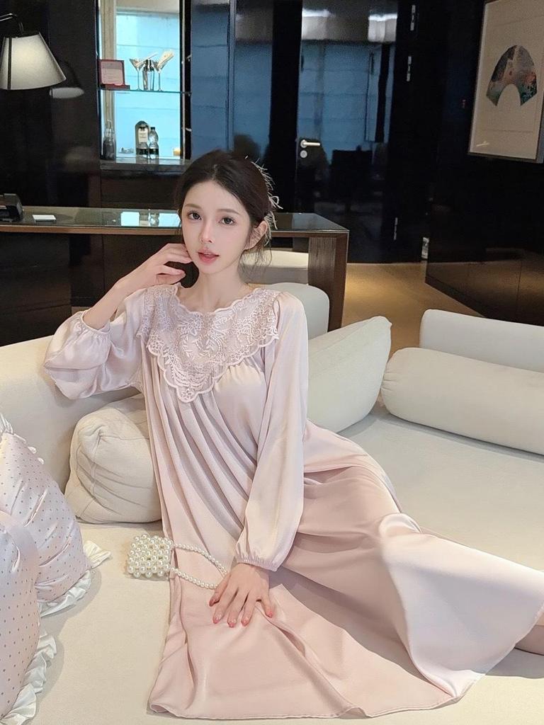 Women's Sexy Lace Nightgown - Long Sleeve Ice Silk Pajamas with Beautiful Back, French Style for Spring and Autumn