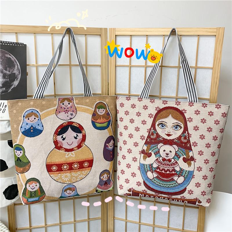 Reise-Damen-Umhängetaschen, große Kapazität, Canvas-Tragetaschen, lässige Vintage-Handtaschen für Matroschka-Puppen