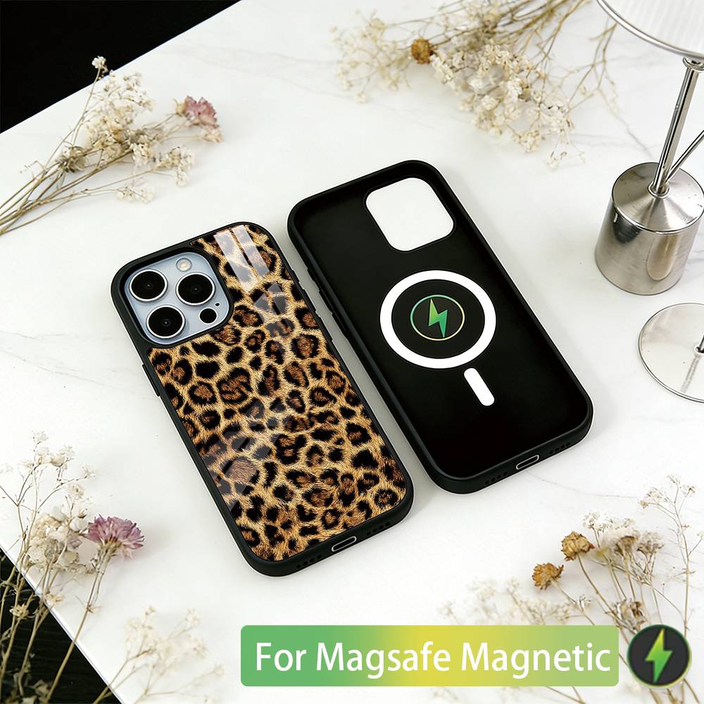Leopard Print Phone Case For iPhone17,16,15,14,13,12,11 Plus,Pro Magnetic with Magsafe Wireless Charging