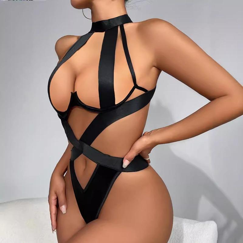 Hot leaking milk sexy uniform neck hollow steel ring gathering sexy onesie underwear