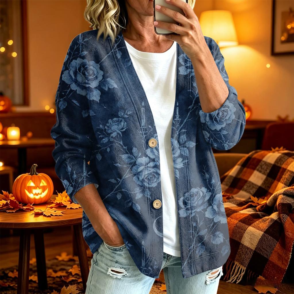 Women's Casual Long Sleeve Jacket with Halloween Print for Holiday Parties