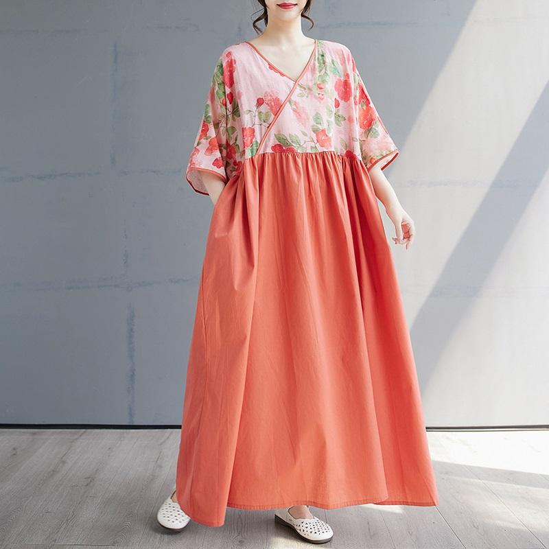 Kurzarm Plus Size Baumwolle Vintage Blumenmuster Neu in Kleidern für Damen lässig locker langes Sommerkleid