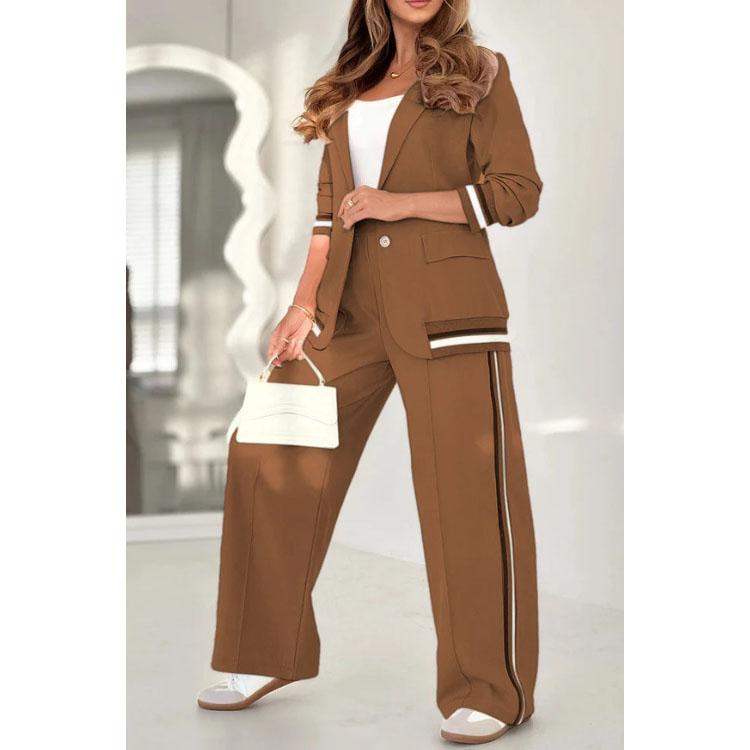 Two Piece Sets Women Pant Set Turn Down Collar Matching Sets Coats Wide Leg Long Pants Elastic Waist Casual Regular