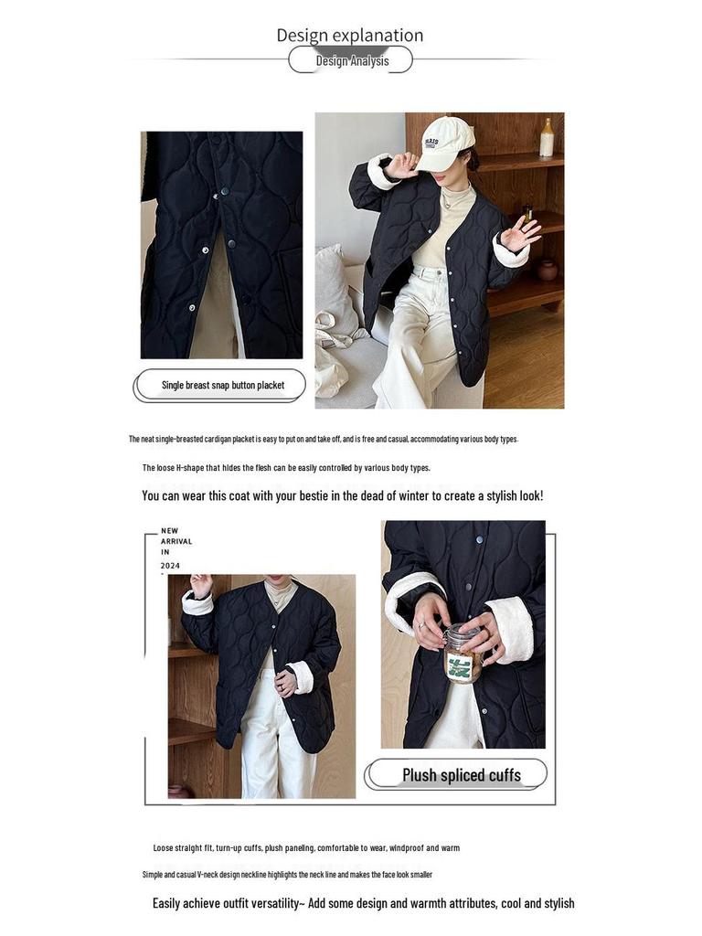 Bomullsjacka för dam i koreansk stil med diamantmönster, kraglös - Kort, sömlös, lättviktig för höst & vinter