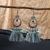 Turquoise Bohemian Owl Feather Tassel Earrings - Bronze Geometric Carved Design with Palm and Dreamcatcher Elements