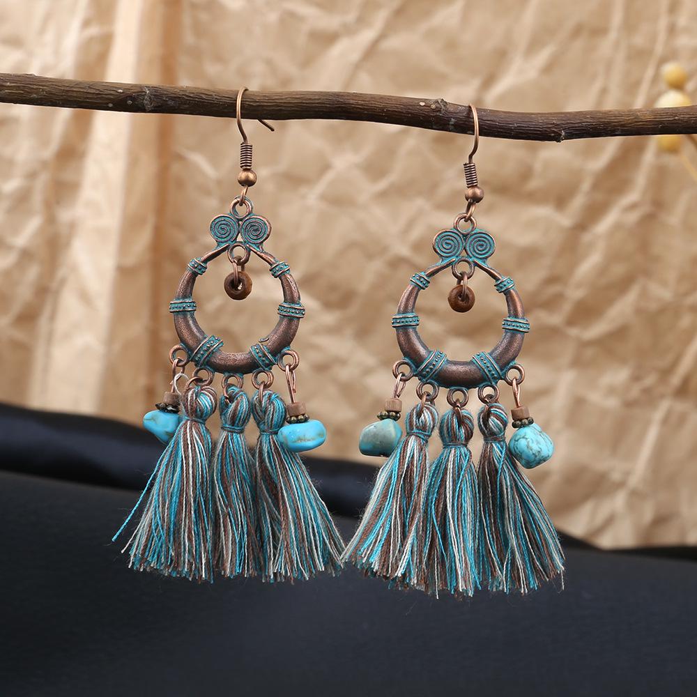 Turquoise Bohemian Owl Feather Tassel Earrings - Bronze Geometric Carved Design with Palm and Dreamcatcher Elements