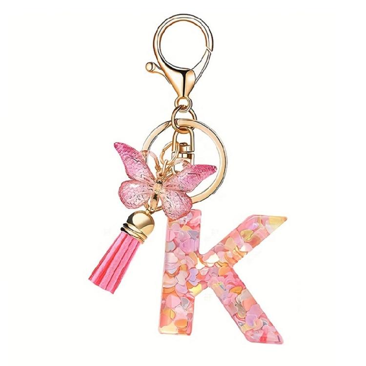 Fashionable Crystal Letter Keychain Sparkling Butterfly Tassels Charm Keyring Ornament for Women Girls Accessories