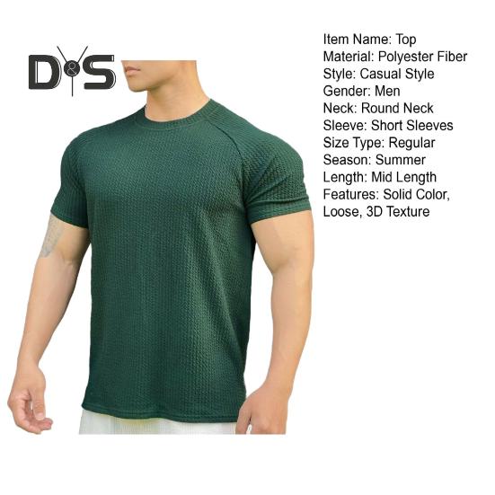 Men Summer Top with 3D Texture Round Neck Short Sleeves Loose Solid Color Muscular Men Sport T-shirt Daily Exercise Shirt