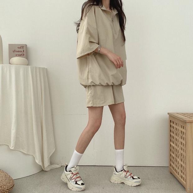 Women's Two-Piece Summer Sportswear: High Neck Zip Top & Loose Shorts Set