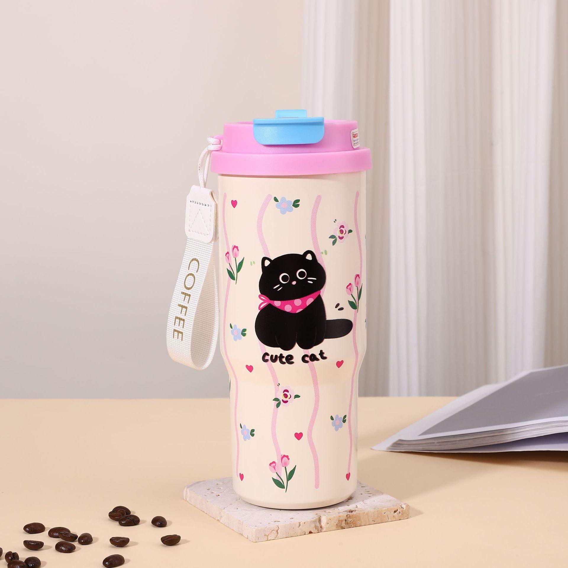 

Высококачественная термокружка из нержавеющей стали 316, портативная для улицы, с веревкой, чашка для кофе, милая мультяшная, для двойного питья, автомобильная кружка 750ml розовый