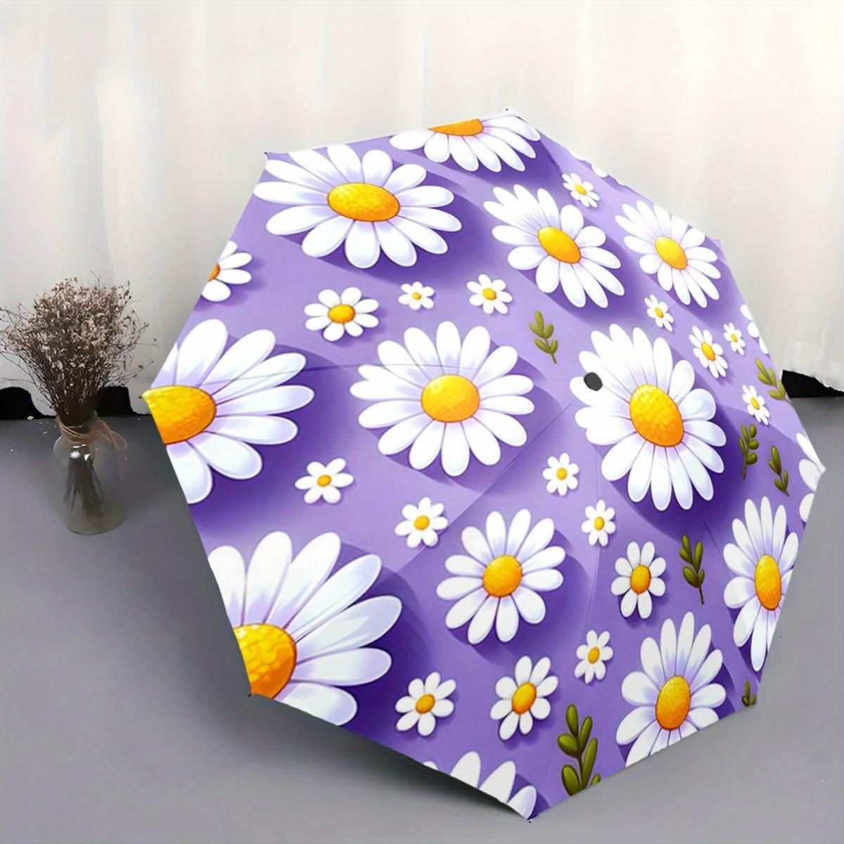 

Compact Umbrella Featuring Bright Daisies Against a Purple Backdrop. A Unique And Portable Folding Umbrella Perfect for Christ Iron&8K