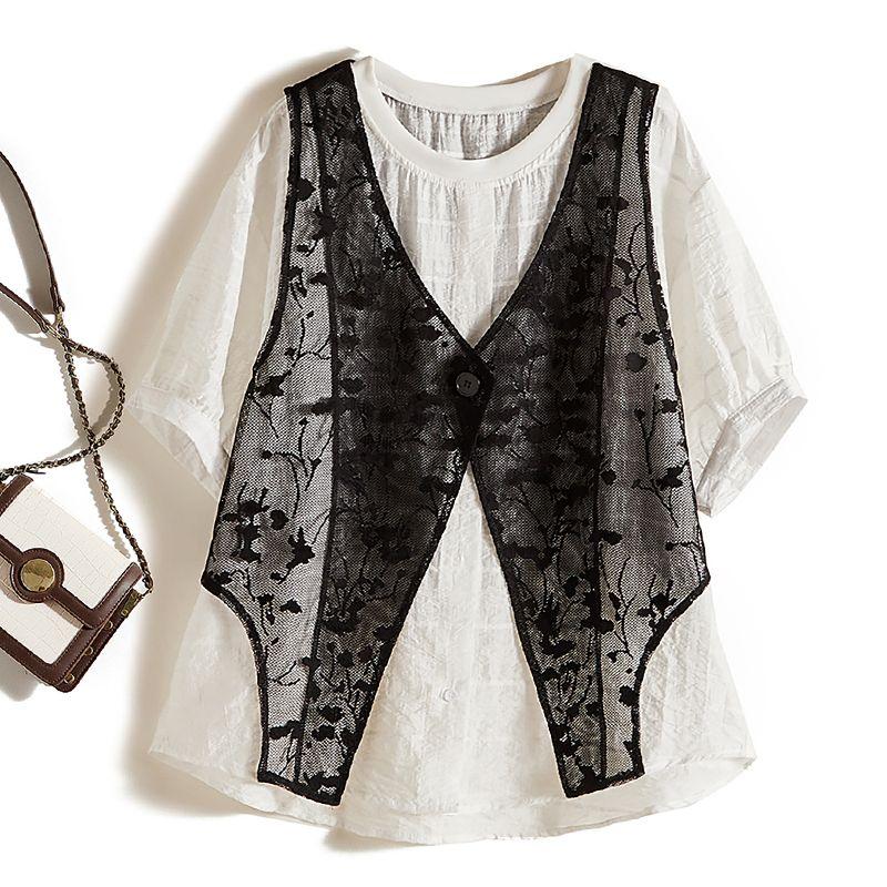 

Художественная рубашка богини из рами и хлопка, имитация двух предметов! Кружевной топ с рукавами-фонариками, имитирующий двойку, на пуговицах, дышащий Black L