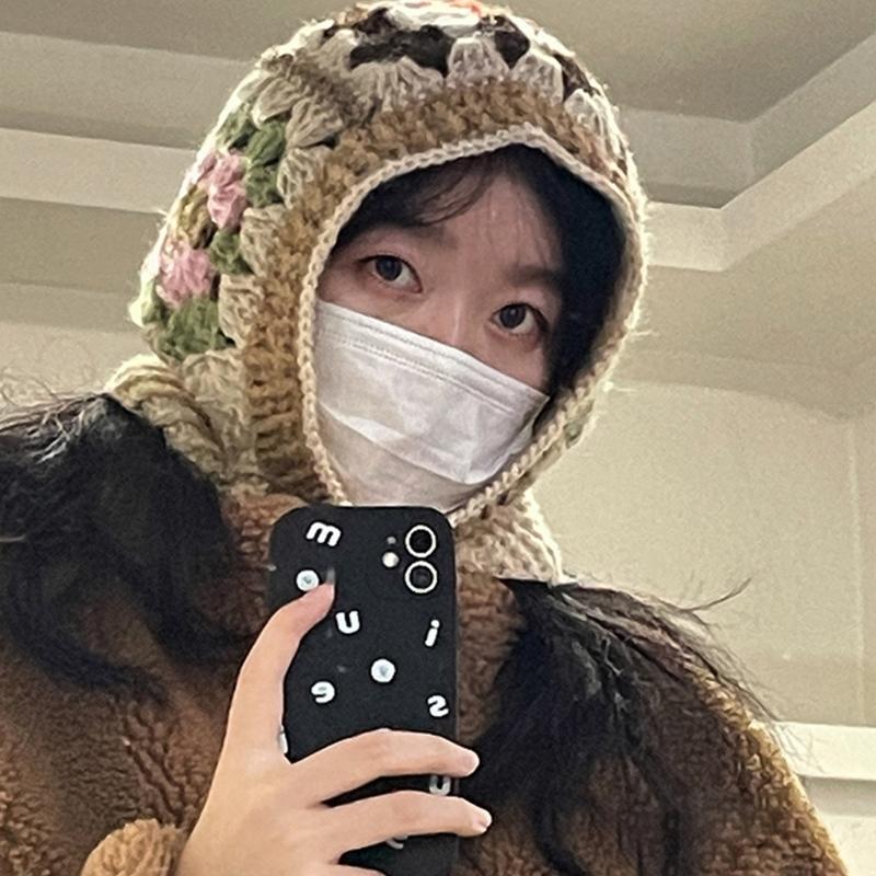 Dzianinowa kominiarka z wzorem kwiatowym dla uczniów, dorosłych. Wiatroszczelna czapka zimowa, ochrona szyi. Dla nastolatków, utrzymująca ciepło. Czapka rowerowa