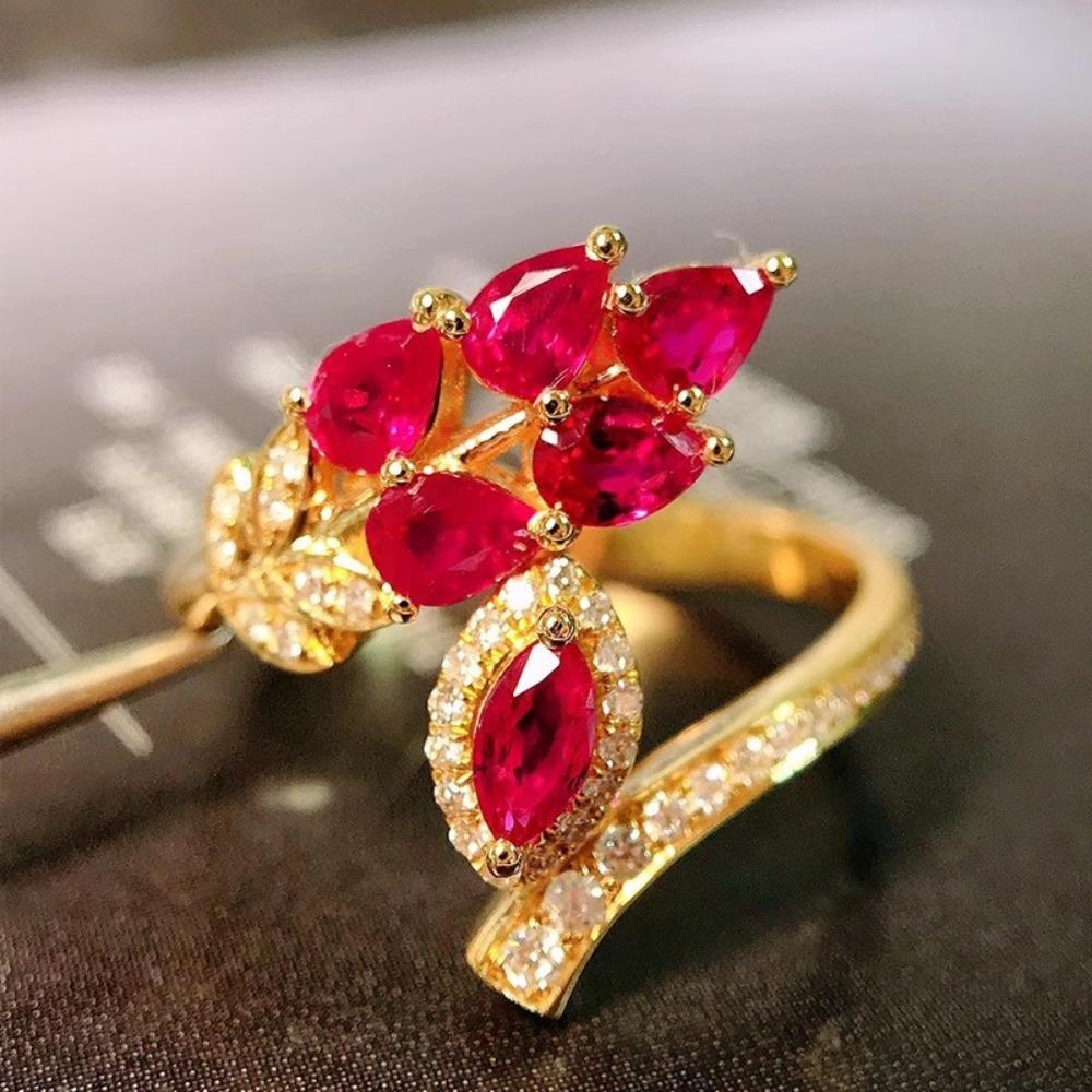 

Vintage Rings for Women Red Corundum Gemstone French Retro Antique Gold Plated Blue Spinel Jewelry adjustable