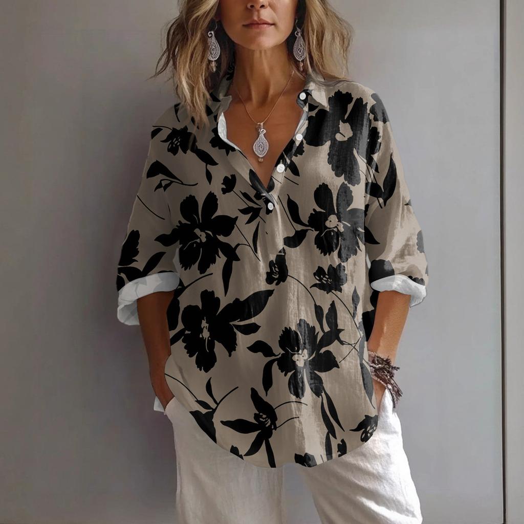 Women's Casual Spring And Summer Loose Printed Casual Sleeved Lapel Pullover Shirt