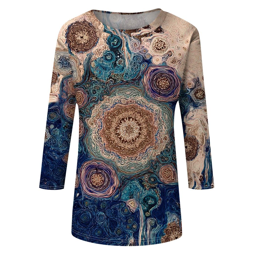 Trendy Vintage 3/4 Sleeve Top For Women,Ladies Casual Three Quarter Sleeve Round Collar Printed T-Shirt Blouse