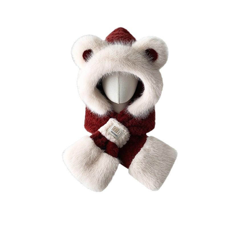 Angola red plush bear hat women's winter new autumn and winter thickened warm scarf gloves integrated