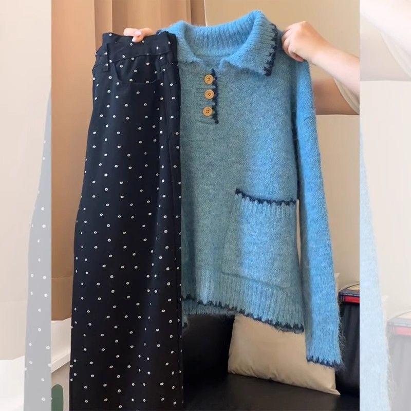 Retro Pullover mit minimalistischem süßem Farbblockspitzen-POLO-Kragen, lässig, vielseitig, Strickware