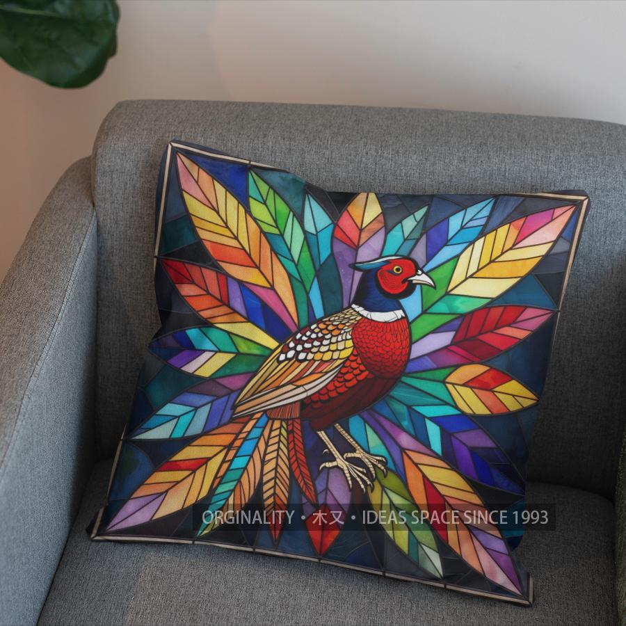 2D Stained Glass Pheasant-Patterned Decorative Pillow Pattern Cushion Cover Suitable For Sofa Bedroom Car Pillow Cover