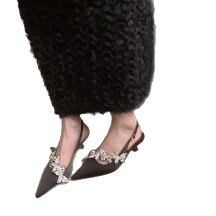 Soft leather pointed stiletto shoes temperament thin low heels French light luxury rhinestone bag head sandals women's autumn new