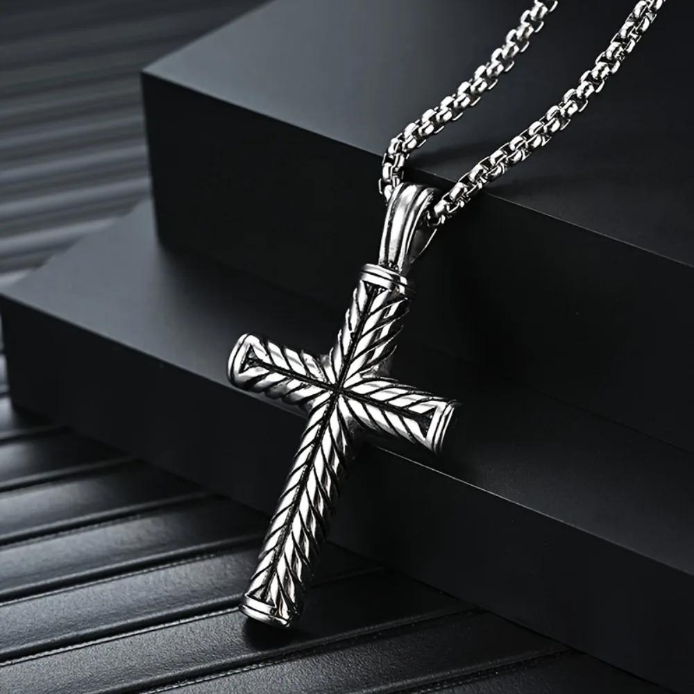 Funky Easter Stripe Cross Cool Pendant Necklace, Men's Trendy Stainless Steel Necklace Fashion Accessories