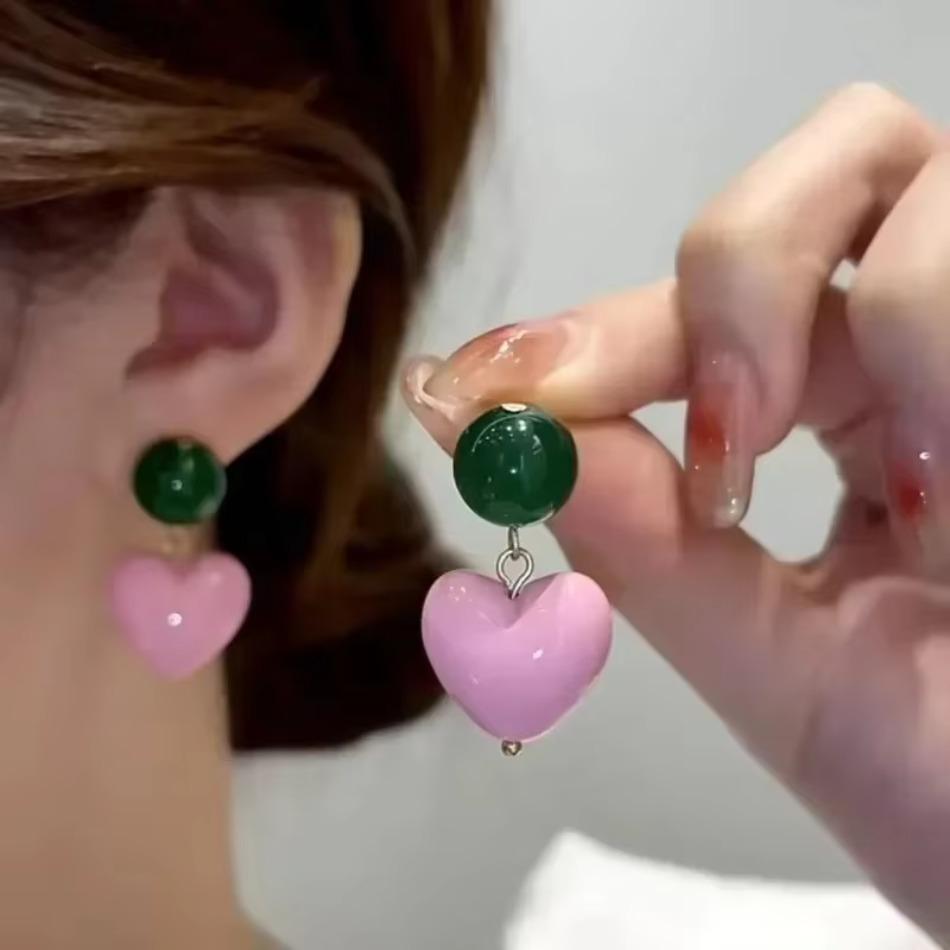 Candy Color Heart Necklace Fashion Girl's Vintage Sweet Pink Heart Pendant Earrings Freshwater Pearl Contrast Earring Design